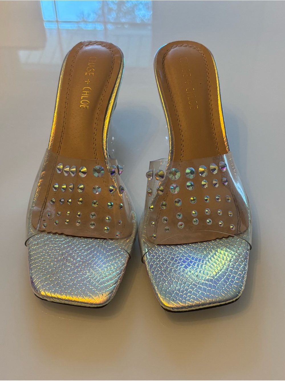 Chase + Chloe Iridescent Clear Slide Mules with Stud Accents - Silver